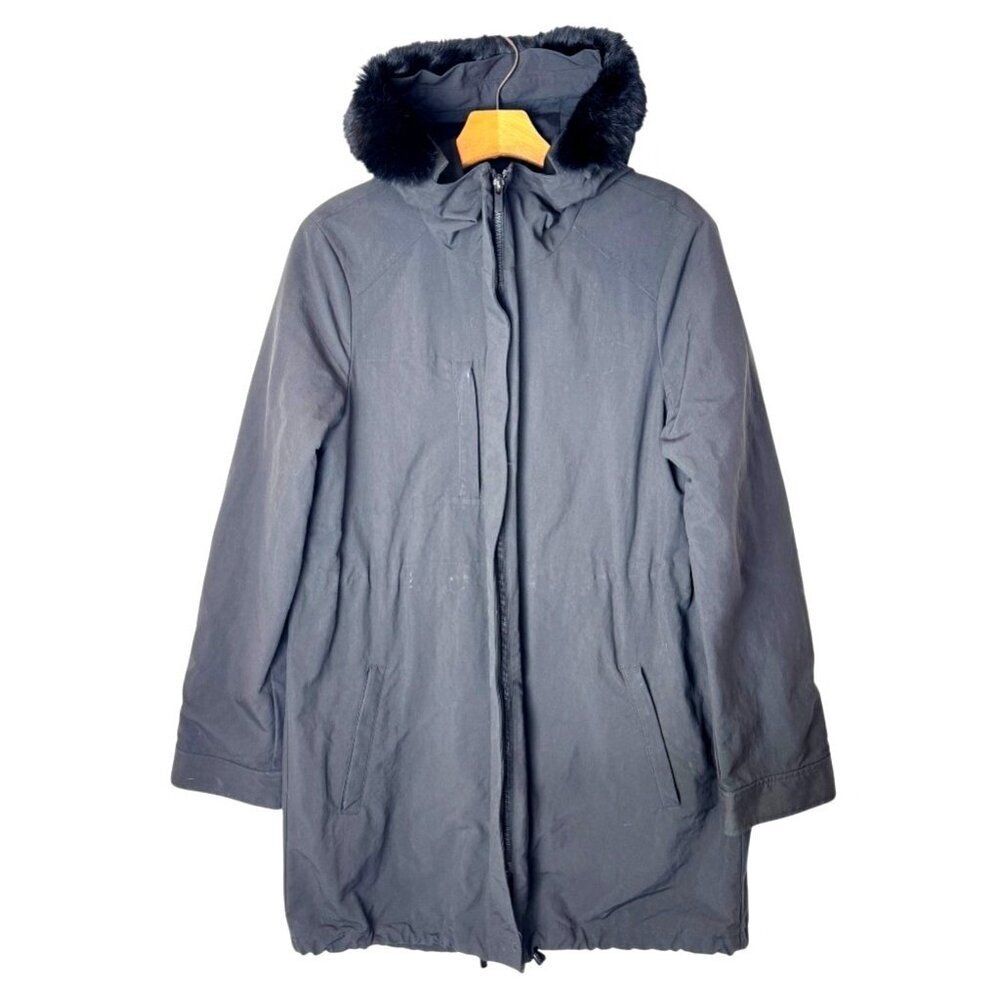 Comptoir Des Cotonniers Coat Women Large Black‎ Rabbit Fur Hood Parka Outdoor